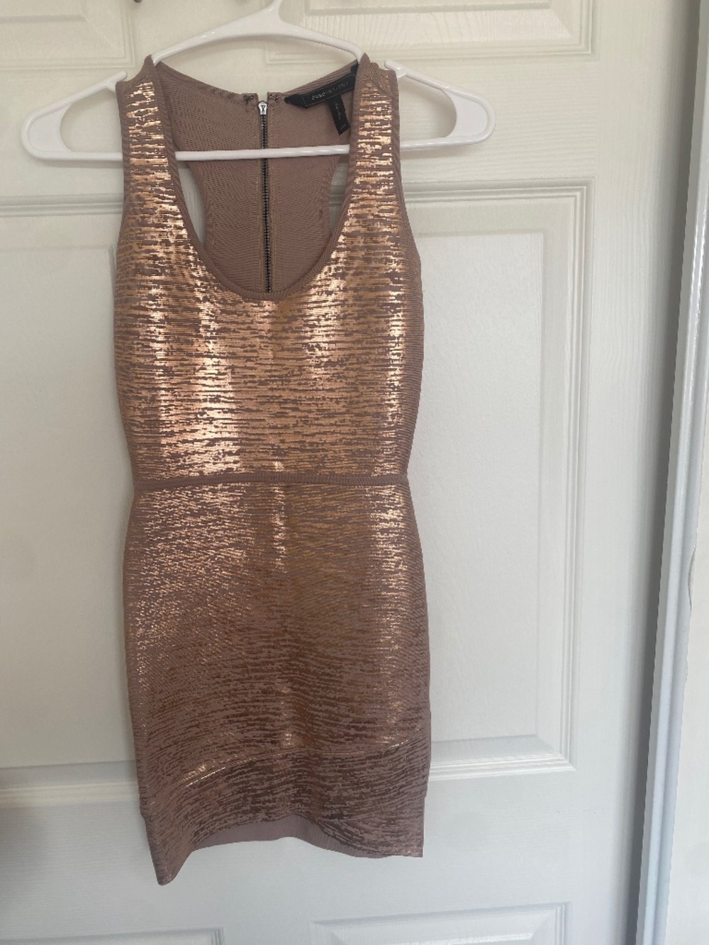 BCBGMaxAzria "Gisela" Rose Gold Foil Bodycon Bandage Dress.
